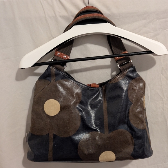 Orla Kiely Coated Canvas Cotton Waxed Purse top handle floral stems leather - Picture 2 of 7